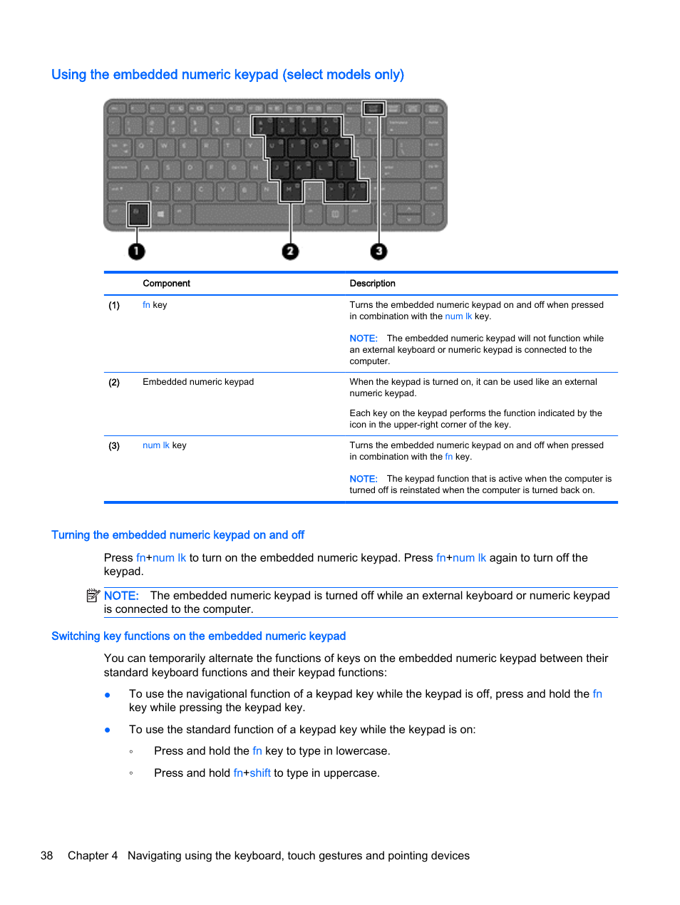 Turning the embedded numeric keypad on and off | HP ProBook 440 G2 Notebook PC User Manual | Page 48 / 111