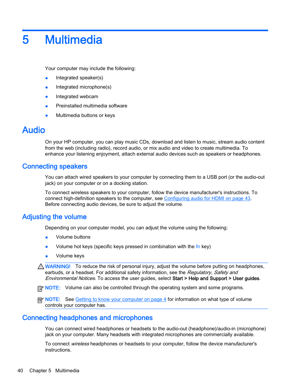Multimedia, Audio, Connecting speakers | Adjusting the volume, Connecting headphones and microphones, 5 multimedia, 5multimedia | HP ProBook 440 G2 Notebook PC User Manual | Page 50 / 111