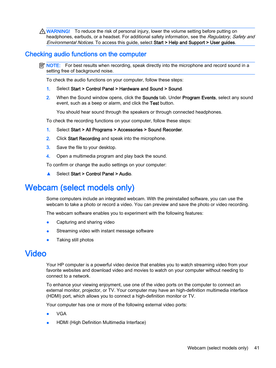 Checking audio functions on the computer, Webcam (select models only), Video | Webcam (select models only) video | HP ProBook 440 G2 Notebook PC User Manual | Page 51 / 111