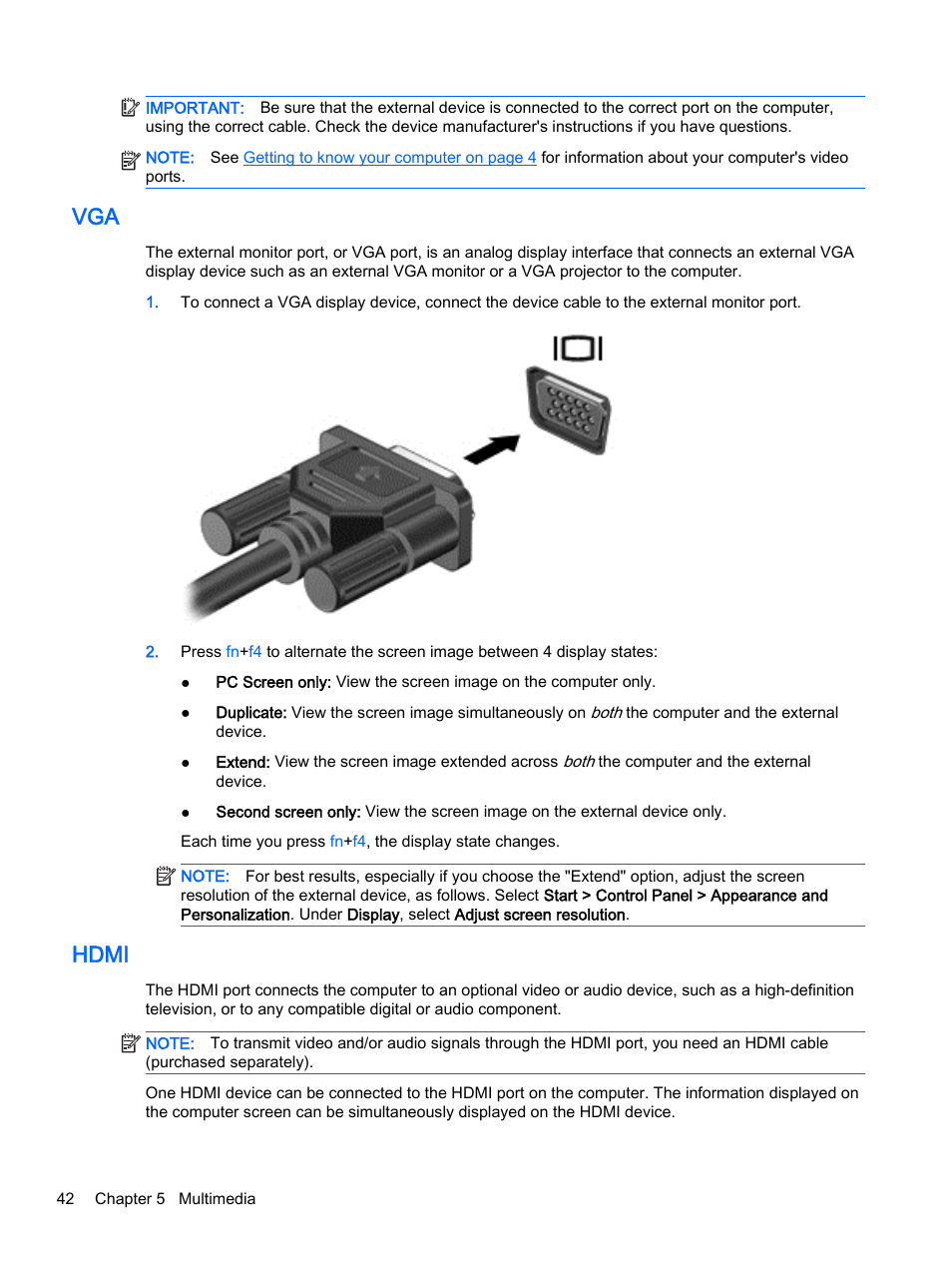 Hdmi, Vga hdmi | HP ProBook 440 G2 Notebook PC User Manual | Page 52 / 111