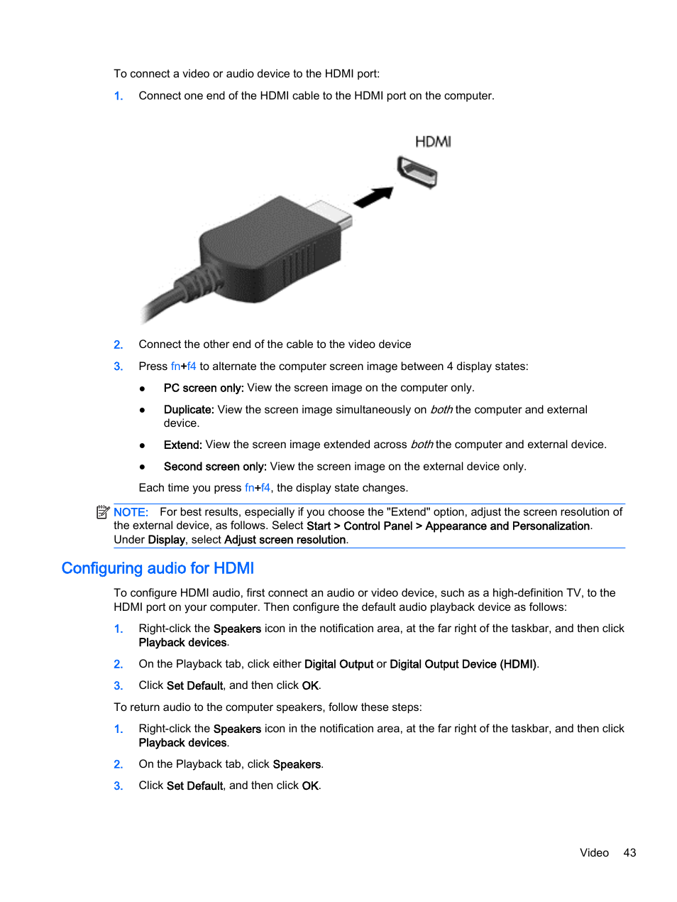 Configuring audio for hdmi | HP ProBook 440 G2 Notebook PC User Manual | Page 53 / 111