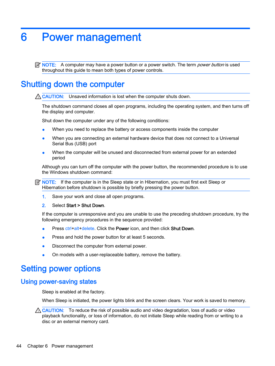 Power management, Shutting down the computer, Setting power options | Using power-saving states, 6 power management, Shutting down the computer setting power options, 6power management | HP ProBook 440 G2 Notebook PC User Manual | Page 54 / 111