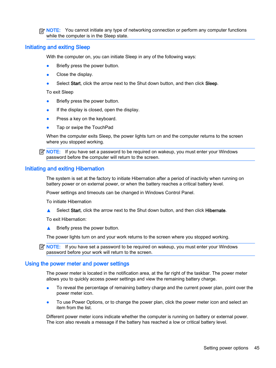 Initiating and exiting sleep, Initiating and exiting hibernation, Using the power meter and power settings | HP ProBook 440 G2 Notebook PC User Manual | Page 55 / 111