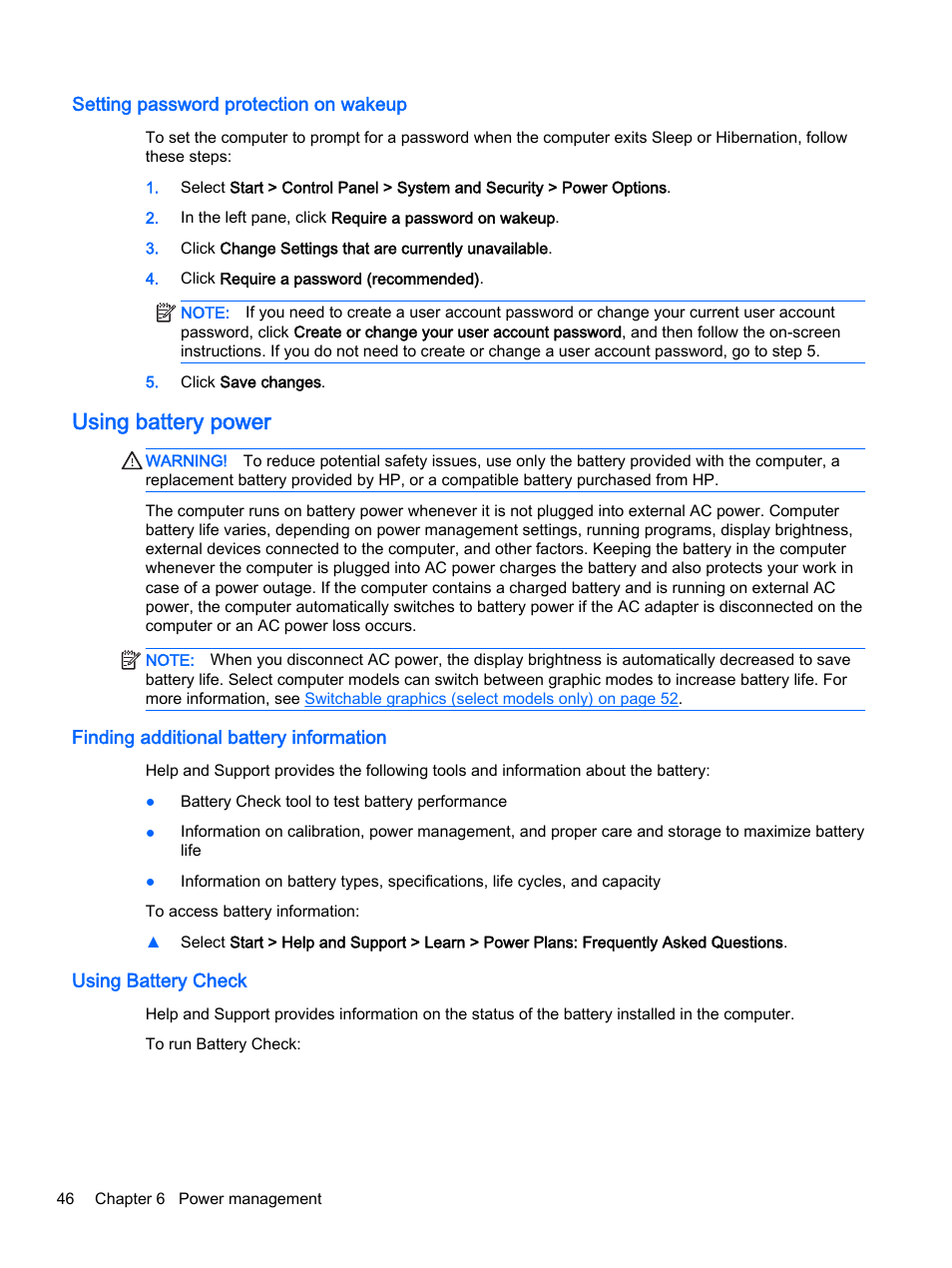 Setting password protection on wakeup, Using battery power, Finding additional battery information | Using battery check | HP ProBook 440 G2 Notebook PC User Manual | Page 56 / 111