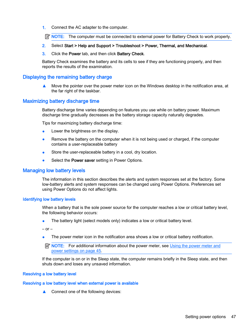 Displaying the remaining battery charge, Maximizing battery discharge time, Managing low battery levels | Identifying low battery levels, Resolving a low battery level | HP ProBook 440 G2 Notebook PC User Manual | Page 57 / 111