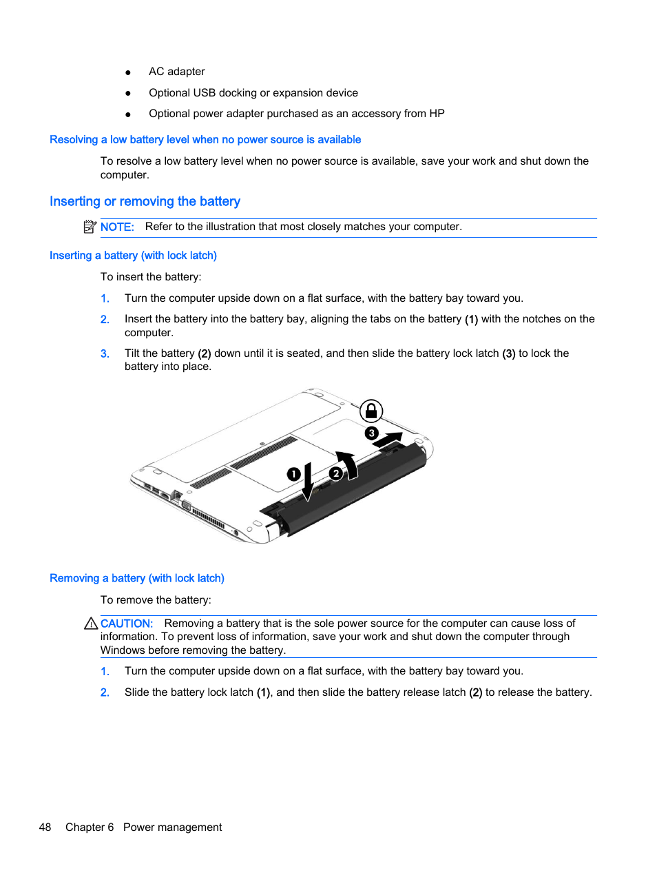 Inserting or removing the battery, Inserting a battery (with lock latch), Removing a battery (with lock latch) | HP ProBook 440 G2 Notebook PC User Manual | Page 58 / 111