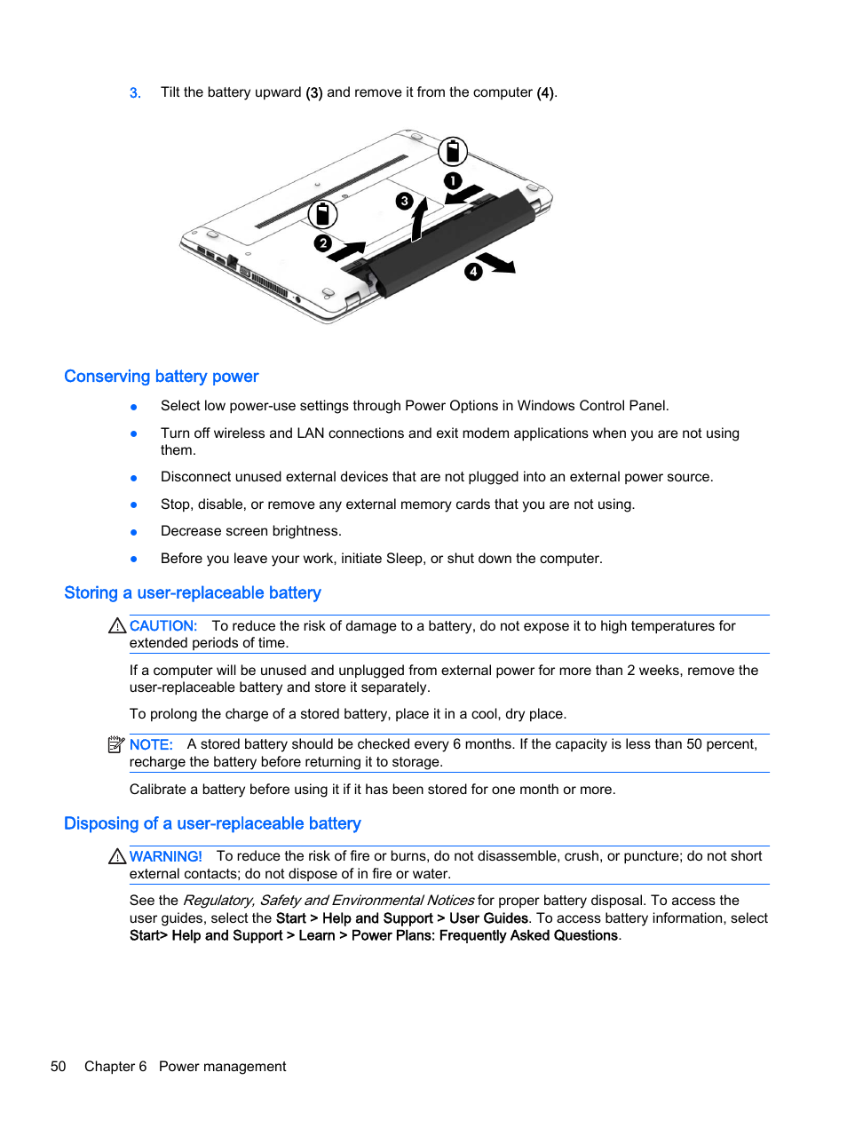 Conserving battery power, Storing a user-replaceable battery, Disposing of a user-replaceable battery | HP ProBook 440 G2 Notebook PC User Manual | Page 60 / 111