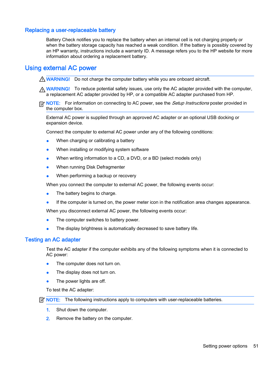 Replacing a user-replaceable battery, Using external ac power, Testing an ac adapter | HP ProBook 440 G2 Notebook PC User Manual | Page 61 / 111