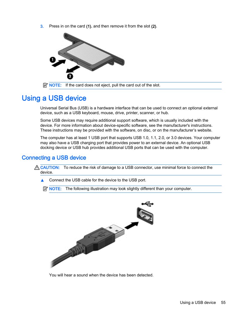 Using a usb device, Connecting a usb device | HP ProBook 440 G2 Notebook PC User Manual | Page 65 / 111