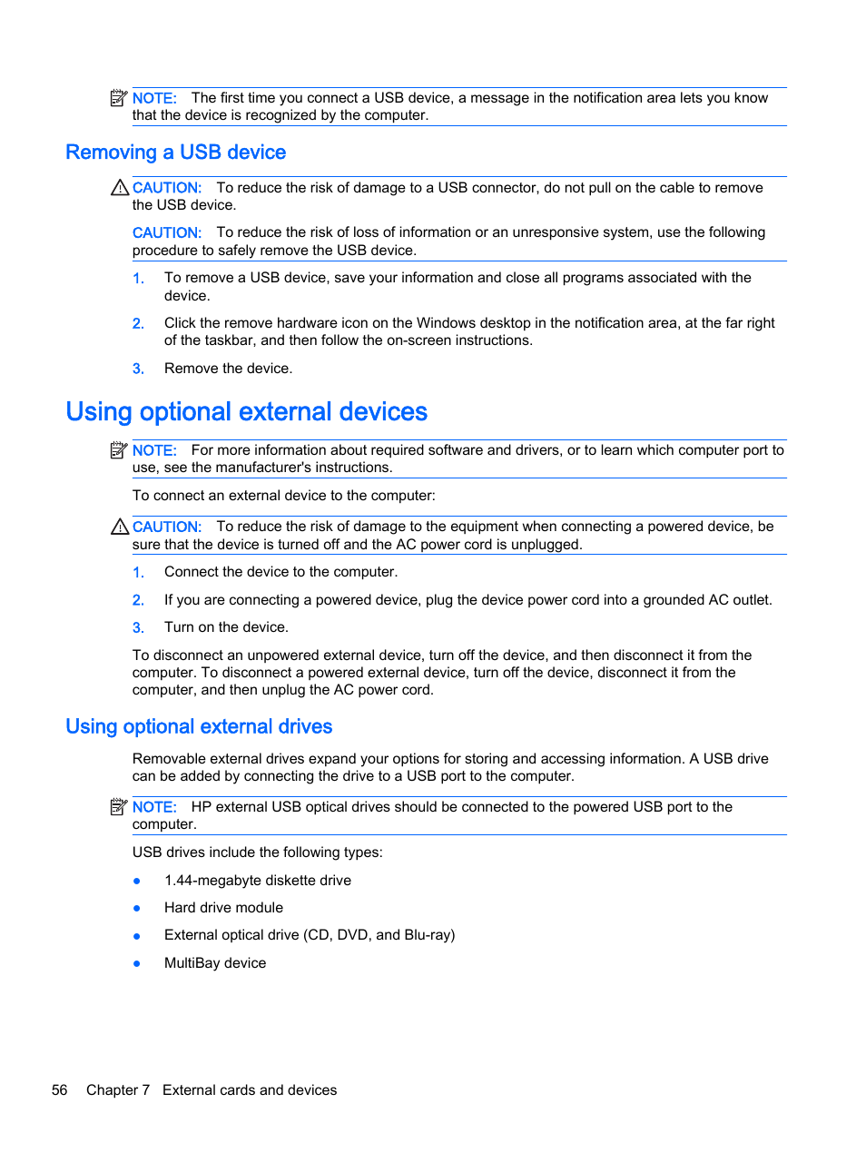 Removing a usb device, Using optional external devices, Using optional external drives | HP ProBook 440 G2 Notebook PC User Manual | Page 66 / 111