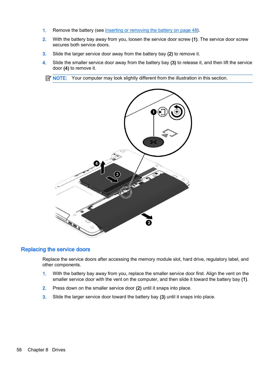 Replacing the service doors | HP ProBook 440 G2 Notebook PC User Manual | Page 68 / 111