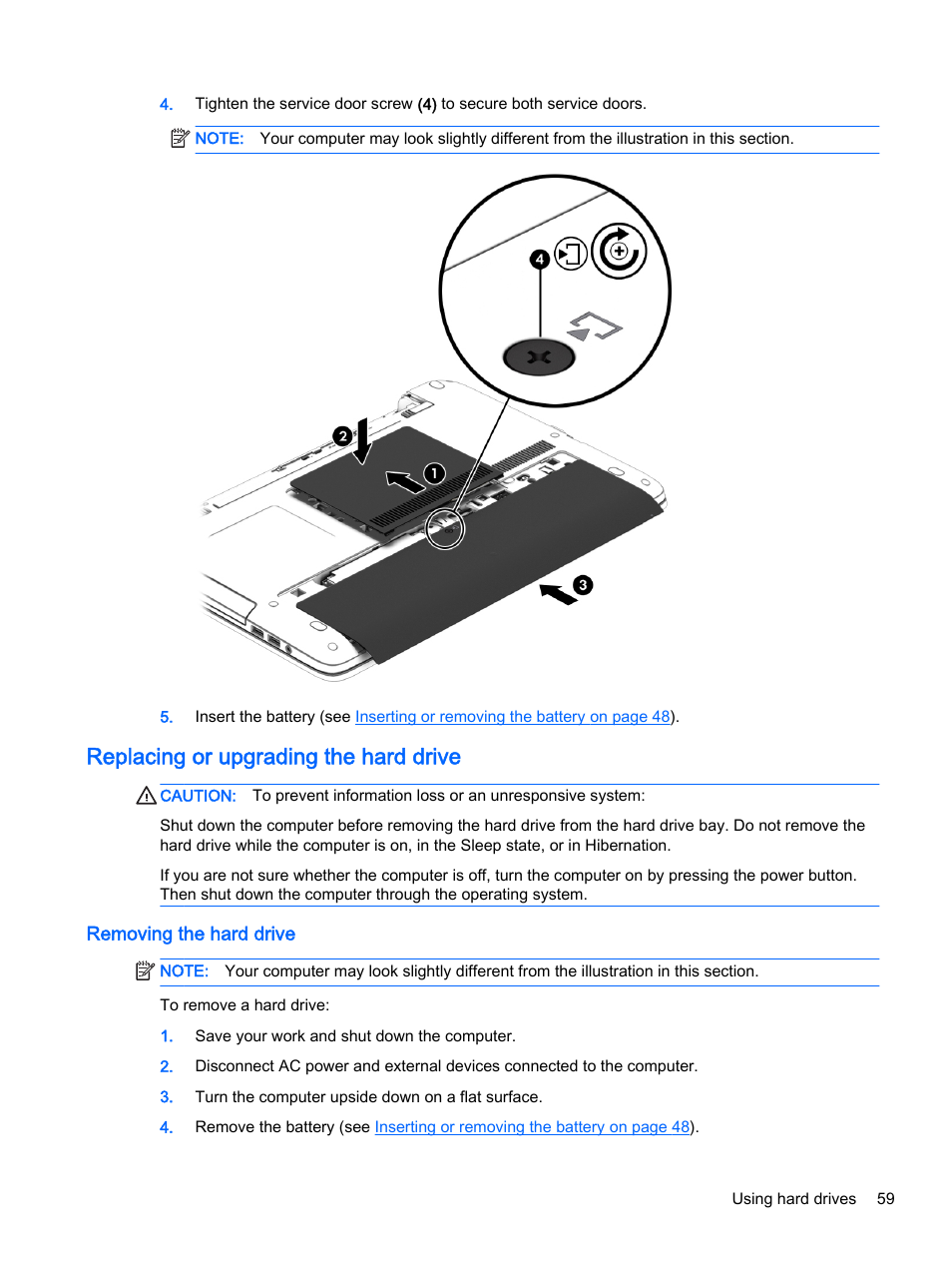 Replacing or upgrading the hard drive, Removing the hard drive | HP ProBook 440 G2 Notebook PC User Manual | Page 69 / 111