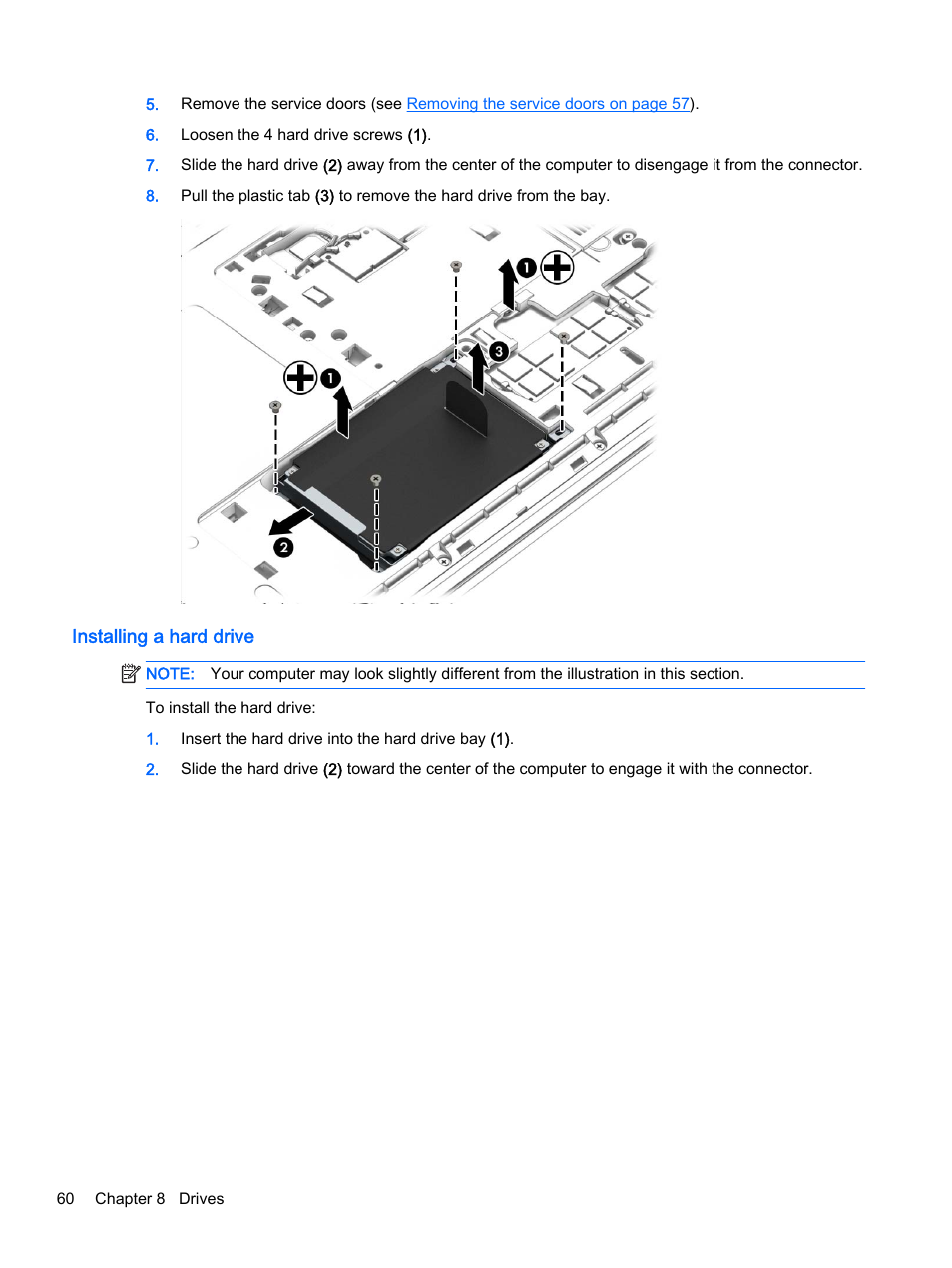 Installing a hard drive | HP ProBook 440 G2 Notebook PC User Manual | Page 70 / 111