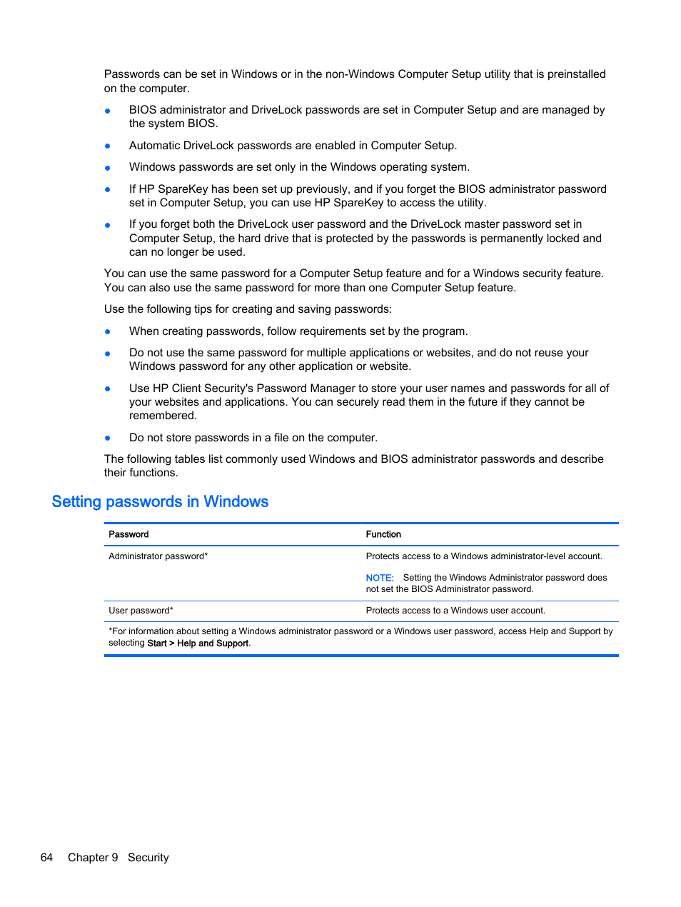 Setting passwords in windows | HP ProBook 440 G2 Notebook PC User Manual | Page 74 / 111