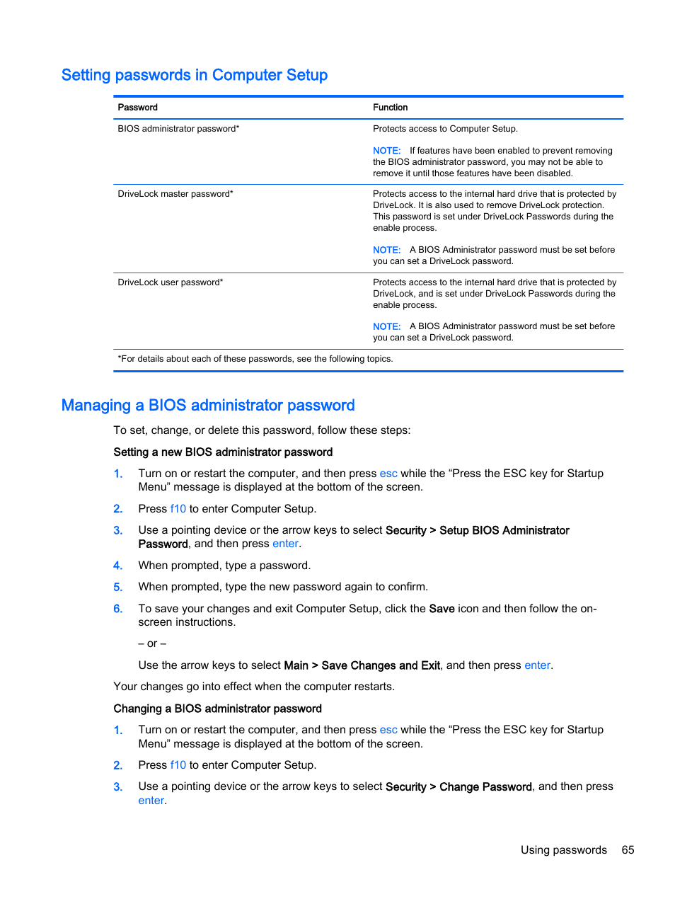 Setting passwords in computer setup, Managing a bios administrator password | HP ProBook 440 G2 Notebook PC User Manual | Page 75 / 111