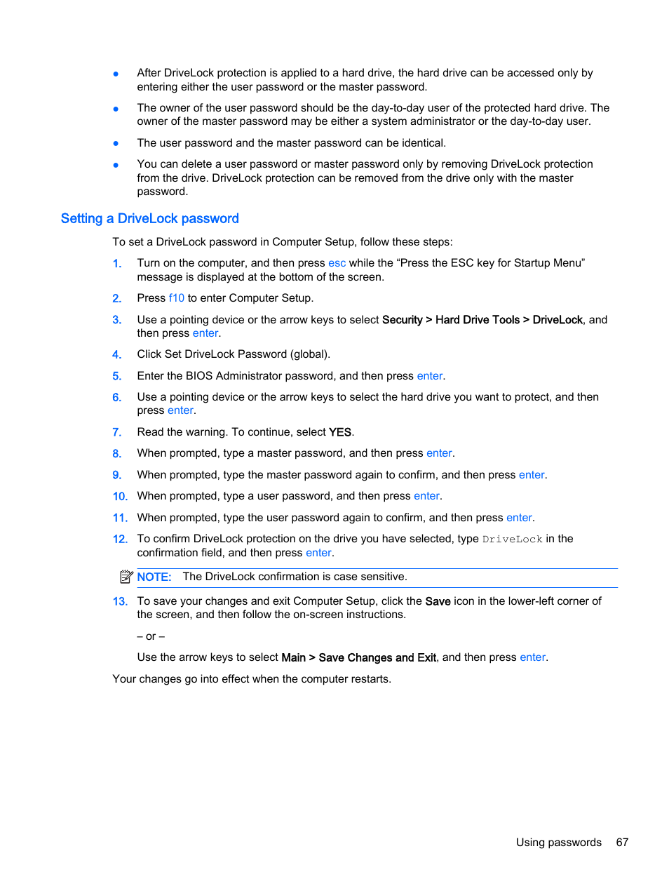 Setting a drivelock password | HP ProBook 440 G2 Notebook PC User Manual | Page 77 / 111