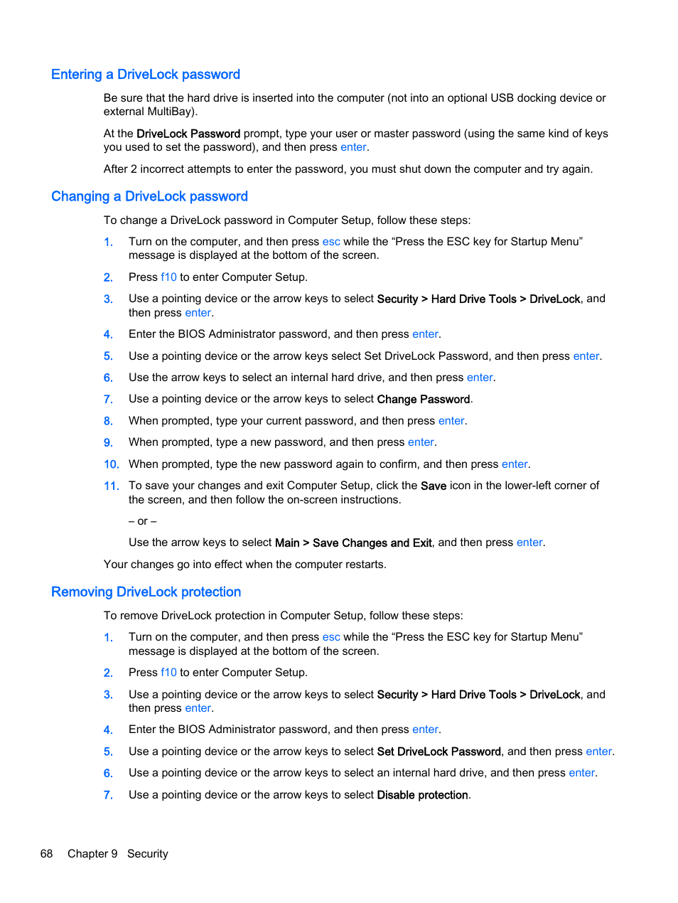 Entering a drivelock password, Changing a drivelock password, Removing drivelock protection | HP ProBook 440 G2 Notebook PC User Manual | Page 78 / 111