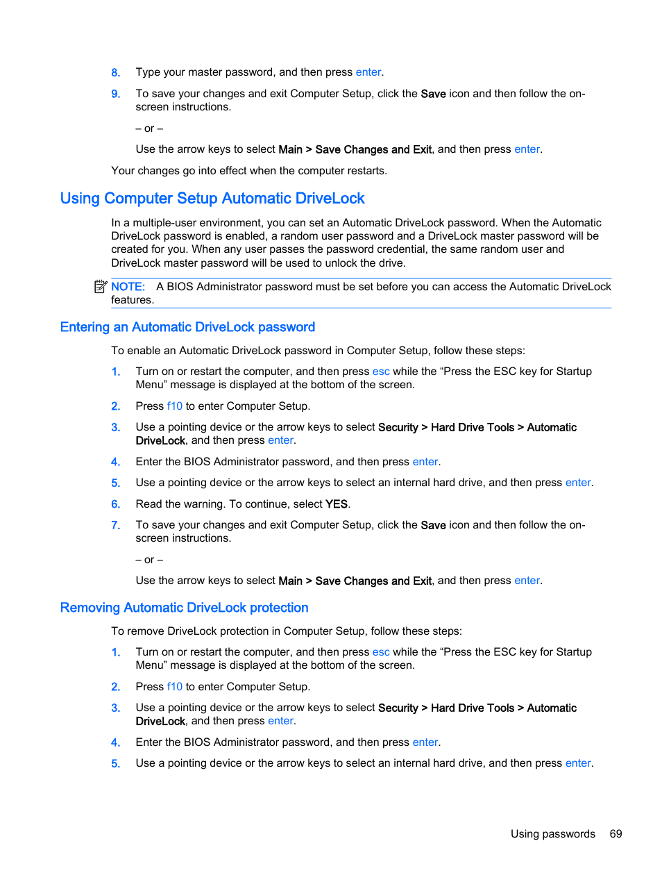 Using computer setup automatic drivelock, Entering an automatic drivelock password, Removing automatic drivelock protection | HP ProBook 440 G2 Notebook PC User Manual | Page 79 / 111