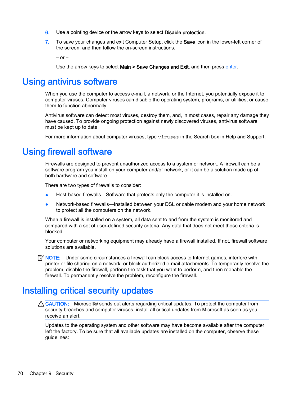 Using antivirus software, Using firewall software, Installing critical security updates | HP ProBook 440 G2 Notebook PC User Manual | Page 80 / 111