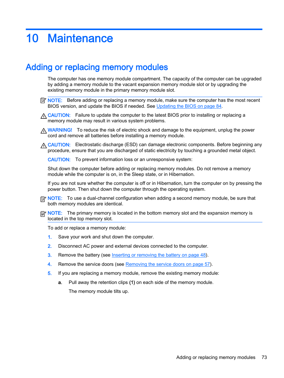 Maintenance, Adding or replacing memory modules, 10 maintenance | HP ProBook 440 G2 Notebook PC User Manual | Page 83 / 111