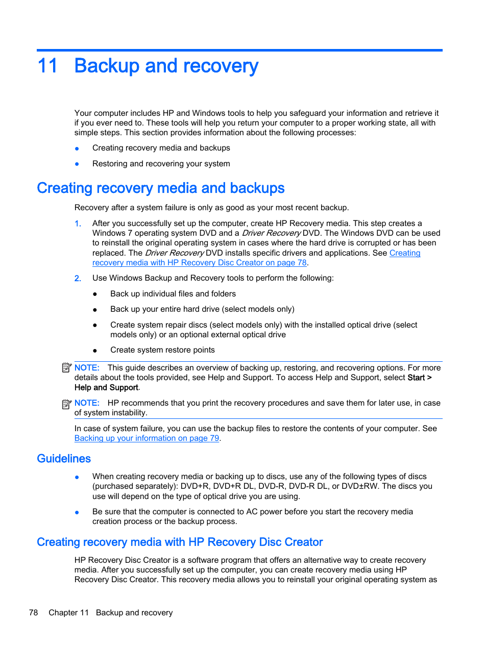 Backup and recovery, Creating recovery media and backups, Guidelines | 11 backup and recovery, Backup and | HP ProBook 440 G2 Notebook PC User Manual | Page 88 / 111