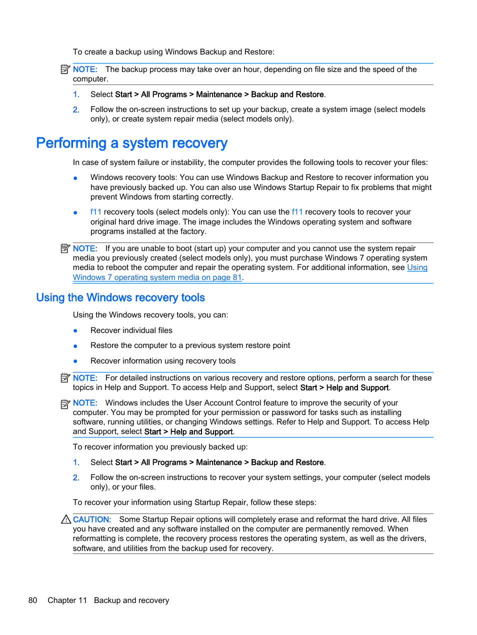 Performing a system recovery, Using the windows recovery tools | HP ProBook 440 G2 Notebook PC User Manual | Page 90 / 111