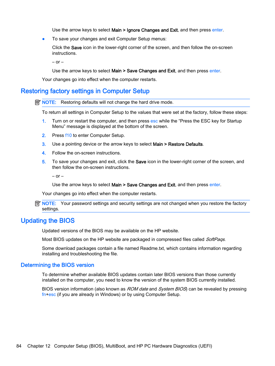 Restoring factory settings in computer setup, Updating the bios, Determining the bios version | HP ProBook 440 G2 Notebook PC User Manual | Page 94 / 111