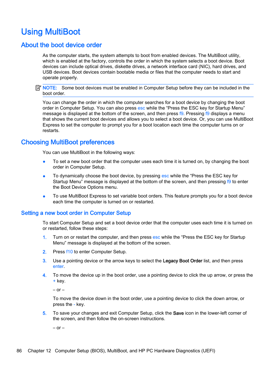Using multiboot, About the boot device order, Choosing multiboot preferences | Setting a new boot order in computer setup | HP ProBook 440 G2 Notebook PC User Manual | Page 96 / 111