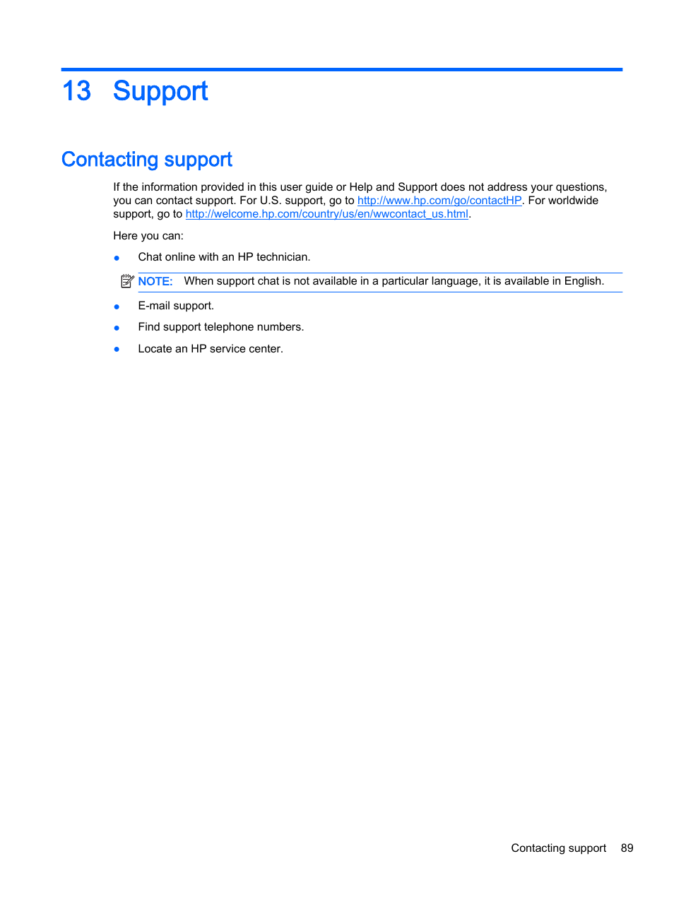 Support, Contacting support, 13 support | HP ProBook 440 G2 Notebook PC User Manual | Page 99 / 111