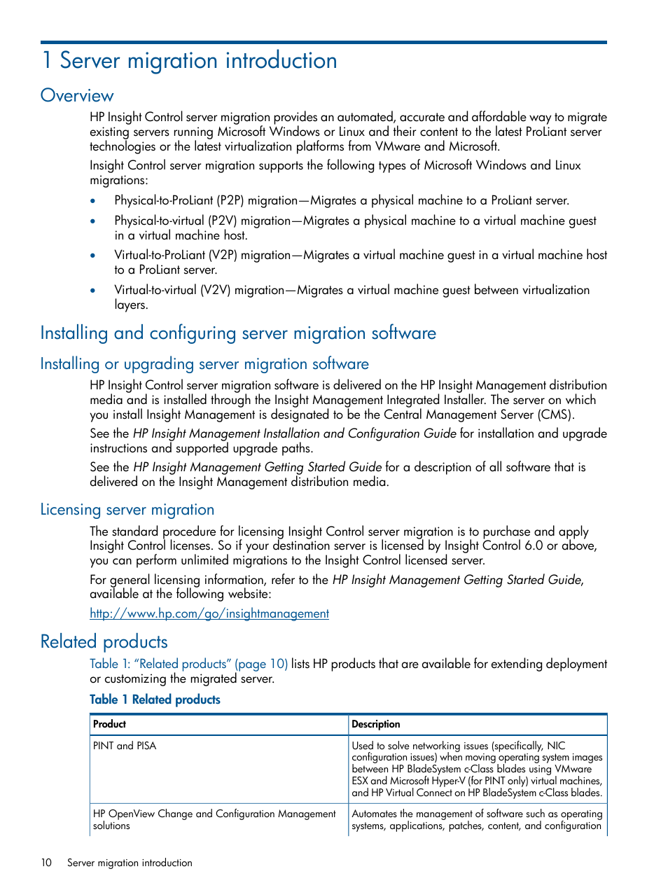 1 server migration introduction, Overview, Installing or upgrading server migration software | Licensing server migration, Related products | HP Virtual Connect Enterprise Manager Software User Manual | Page 10 / 79