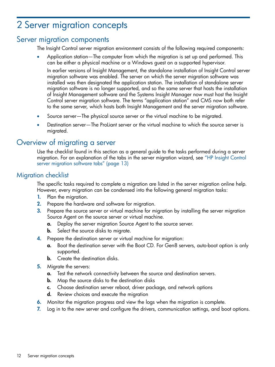2 server migration concepts, Server migration components, Overview of migrating a server | Migration checklist | HP Virtual Connect Enterprise Manager Software User Manual | Page 12 / 79