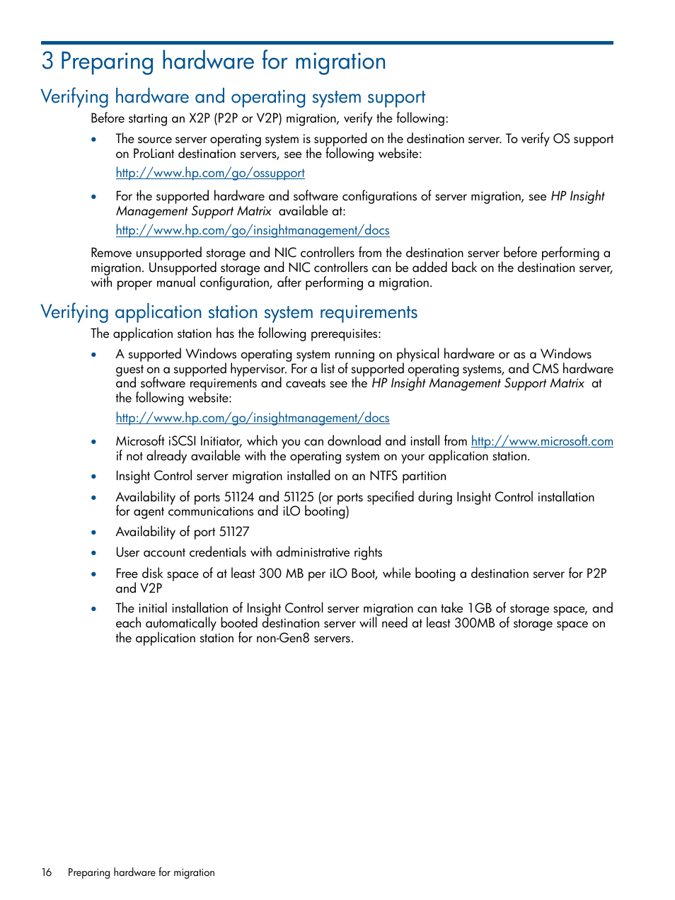 3 preparing hardware for migration, Verifying hardware and operating system support, Verifying application station system requirements | HP Virtual Connect Enterprise Manager Software User Manual | Page 16 / 79