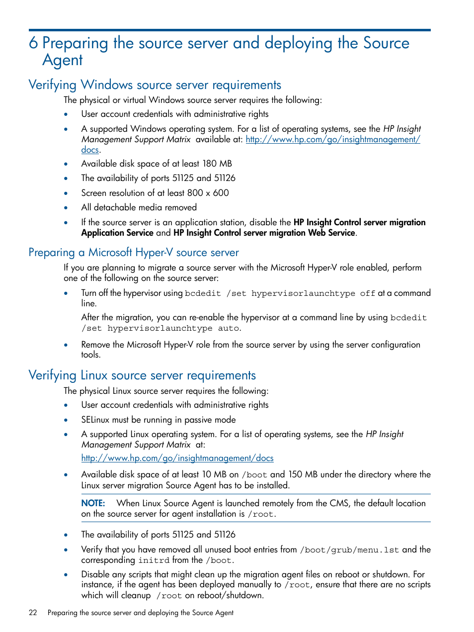 Verifying windows source server requirements, Preparing a microsoft hyper-v source server, Verifying linux source server requirements | HP Virtual Connect Enterprise Manager Software User Manual | Page 22 / 79