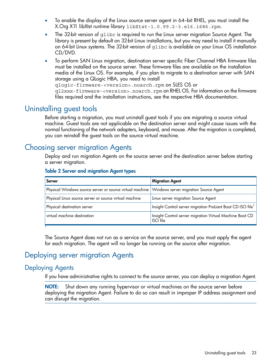 Uninstalling guest tools, Choosing server migration agents, Deploying server migration agents | Deploying agents | HP Virtual Connect Enterprise Manager Software User Manual | Page 23 / 79