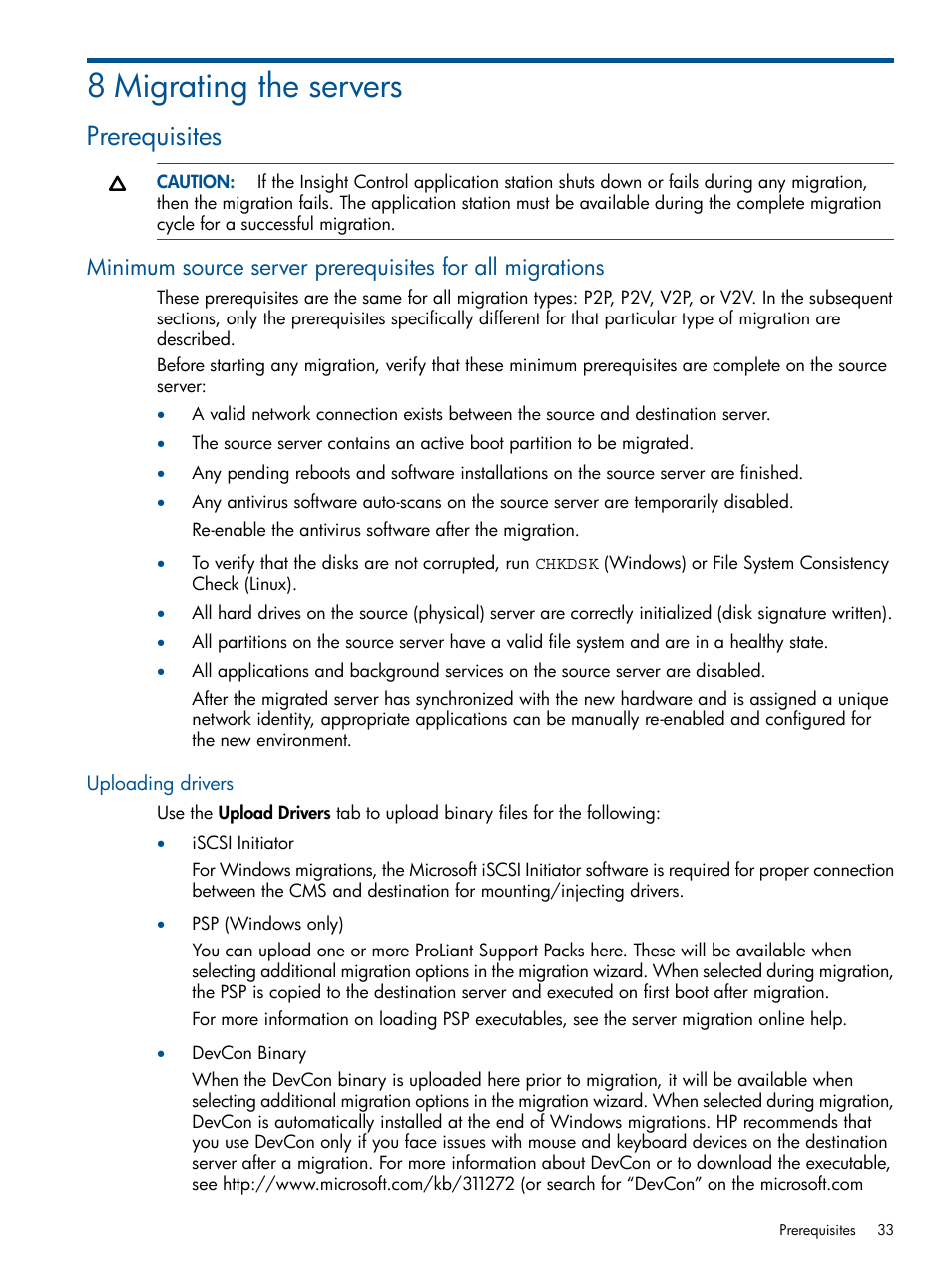 8 migrating the servers, Prerequisites, Uploading drivers | HP Virtual Connect Enterprise Manager Software User Manual | Page 33 / 79