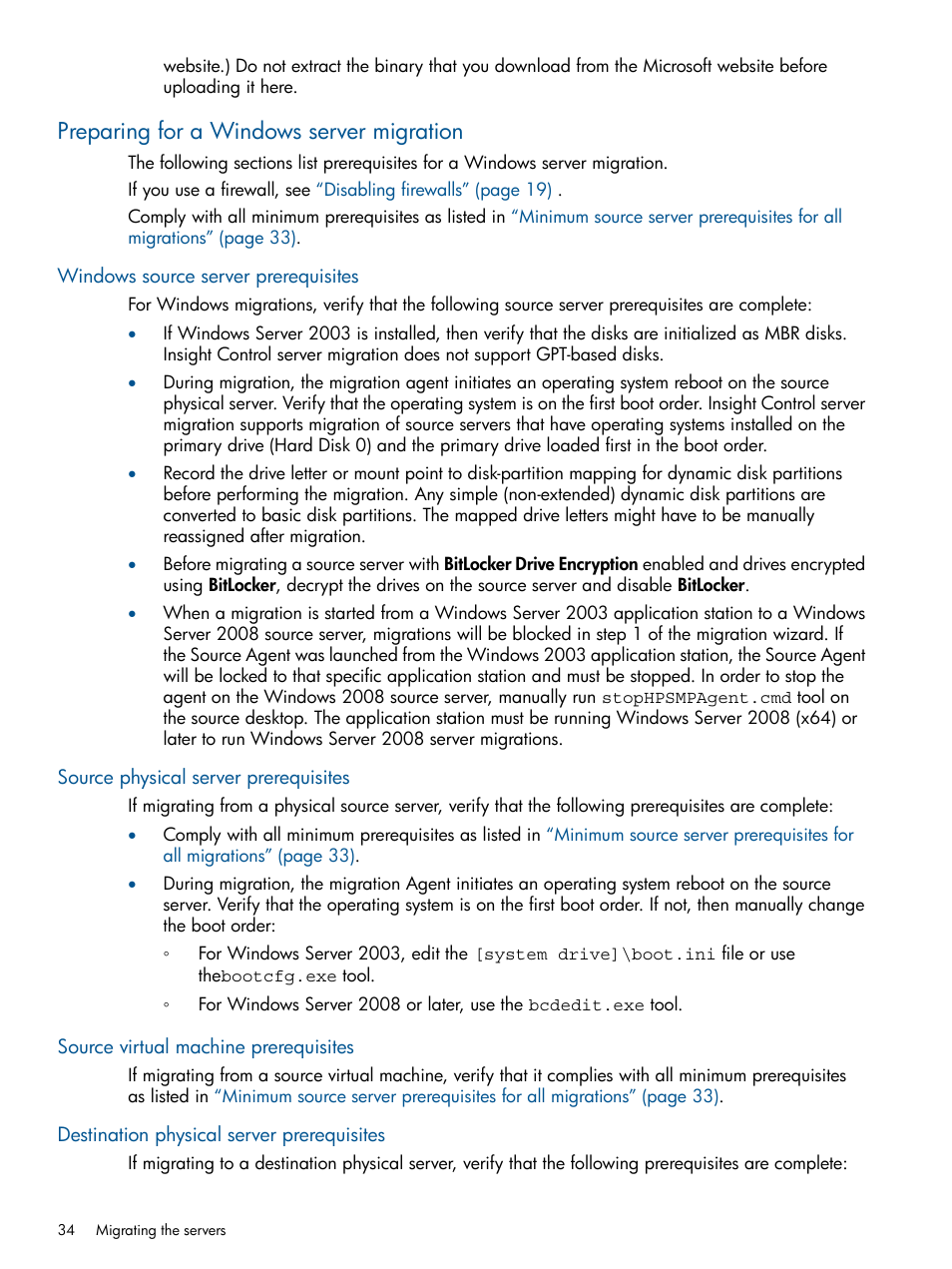 Preparing for a windows server migration, Windows source server prerequisites, Source physical server prerequisites | Source virtual machine prerequisites, Destination physical server prerequisites | HP Virtual Connect Enterprise Manager Software User Manual | Page 34 / 79