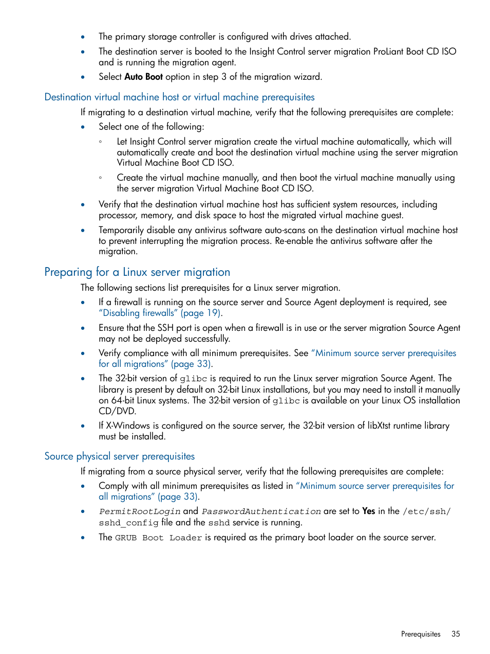 Preparing for a linux server migration, Source physical server prerequisites | HP Virtual Connect Enterprise Manager Software User Manual | Page 35 / 79