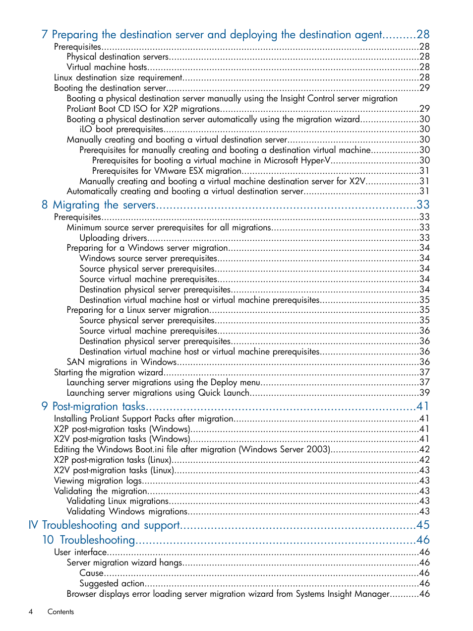 8 migrating the servers, 9 post-migration tasks, Iv troubleshooting and support 10 troubleshooting | HP Virtual Connect Enterprise Manager Software User Manual | Page 4 / 79
