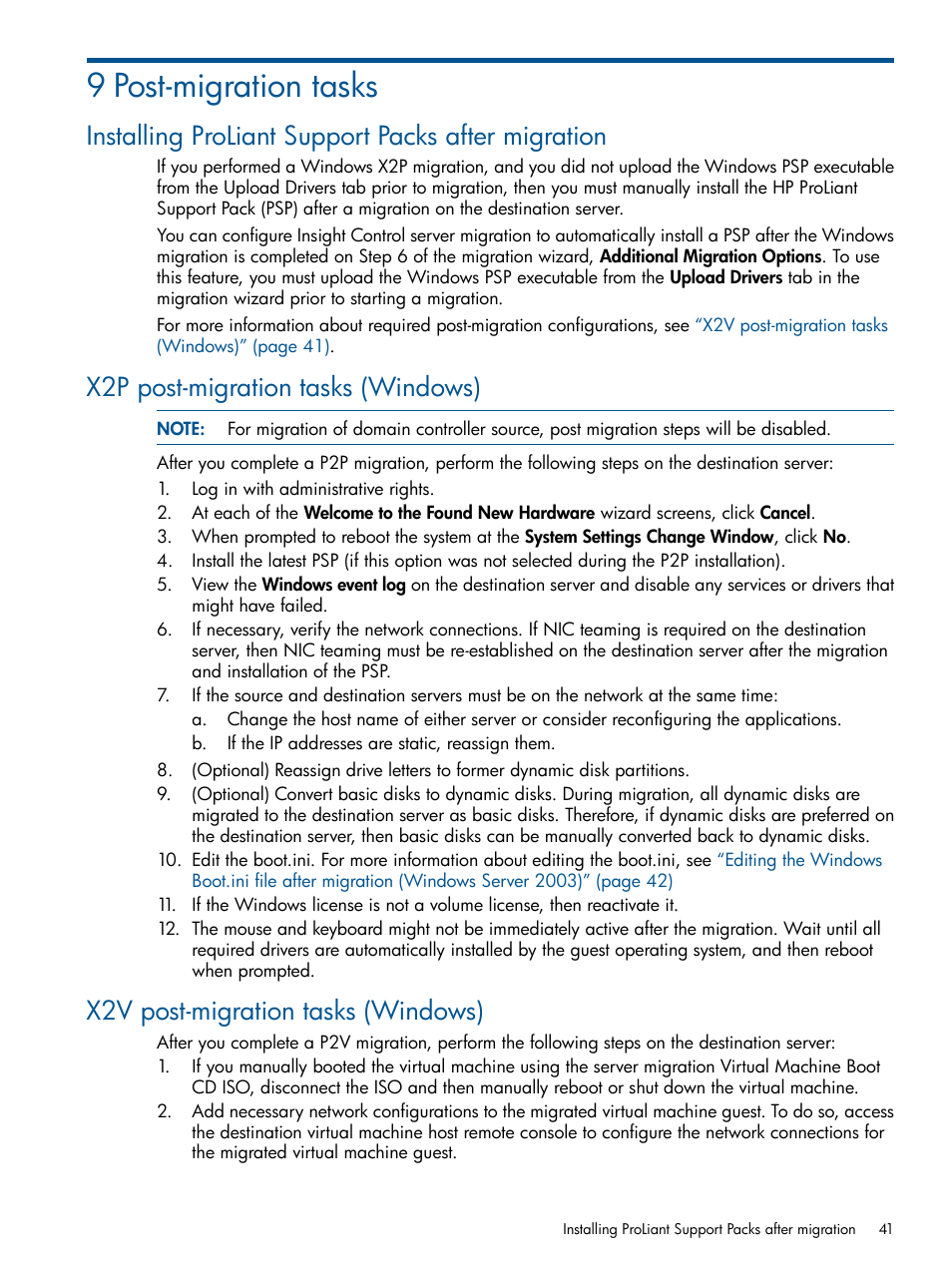 9 post-migration tasks, Installing proliant support packs after migration, X2p post-migration tasks (windows) | X2v post-migration tasks (windows) | HP Virtual Connect Enterprise Manager Software User Manual | Page 41 / 79