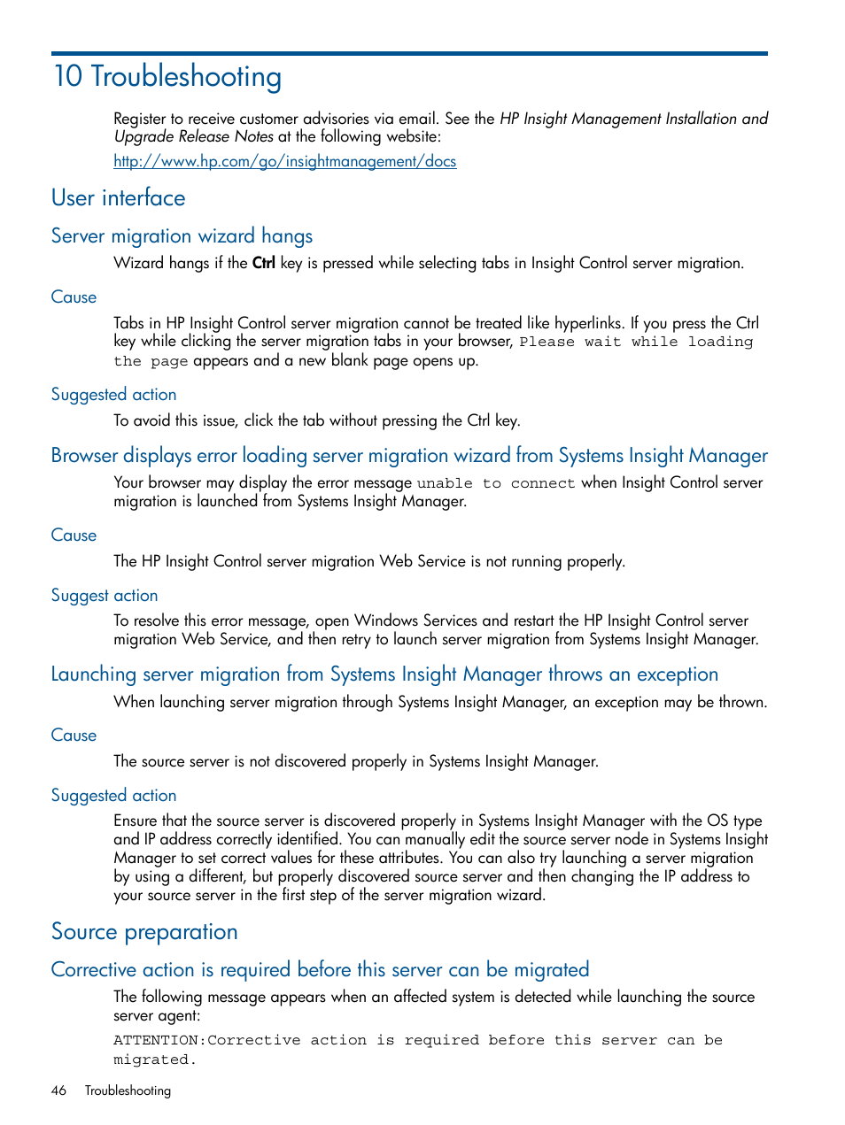 10 troubleshooting, User interface, Server migration wizard hangs | Cause, Suggested action, Suggest action, Source preparation, Cause suggested action, Cause suggest action | HP Virtual Connect Enterprise Manager Software User Manual | Page 46 / 79