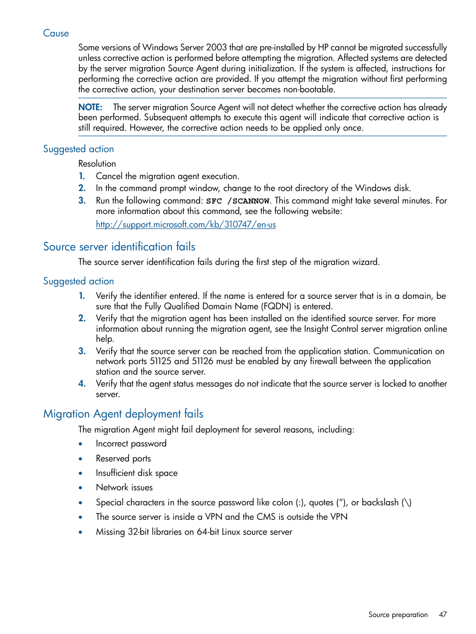 Cause, Suggested action, Source server identification fails | Migration agent deployment fails, Cause suggested action | HP Virtual Connect Enterprise Manager Software User Manual | Page 47 / 79