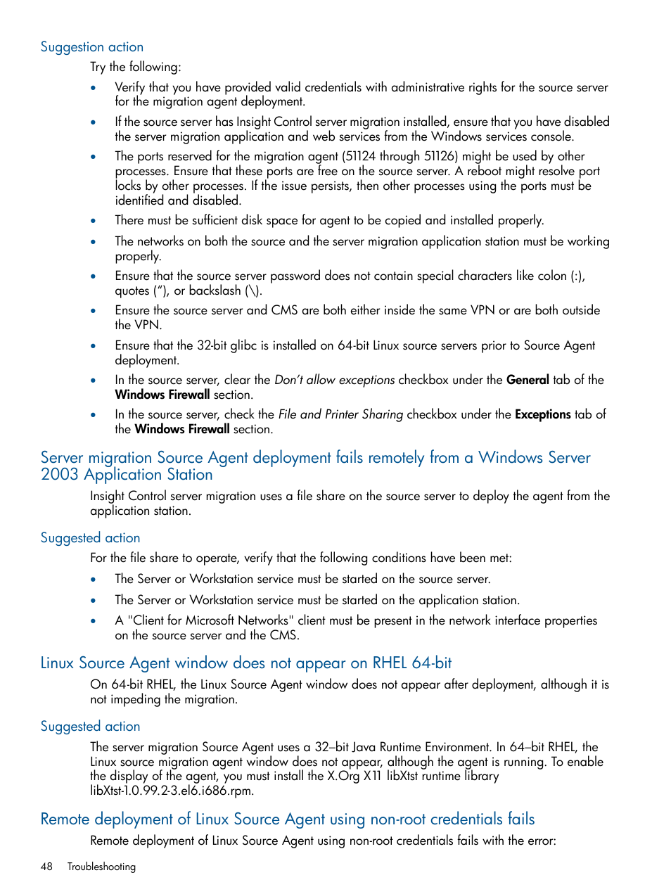 Suggestion action, Suggested action | HP Virtual Connect Enterprise Manager Software User Manual | Page 48 / 79