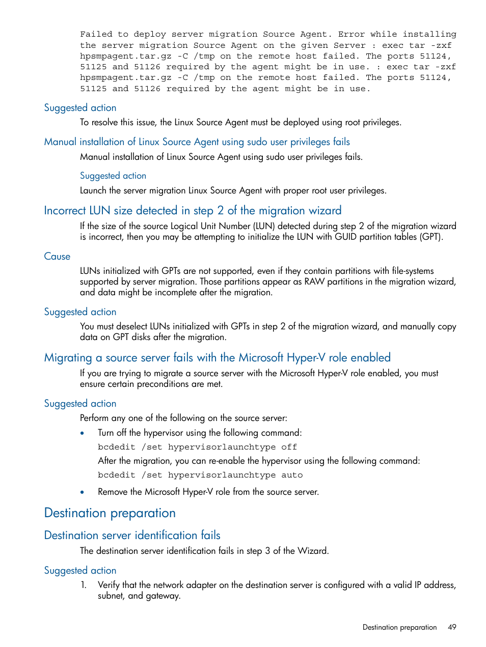 Suggested action, Cause, Destination preparation | Destination server identification fails, Cause suggested action | HP Virtual Connect Enterprise Manager Software User Manual | Page 49 / 79