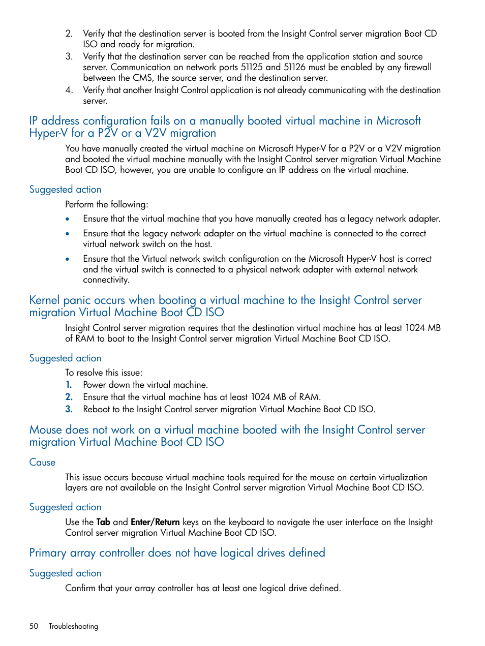 Suggested action, Cause, Cause suggested action | HP Virtual Connect Enterprise Manager Software User Manual | Page 50 / 79