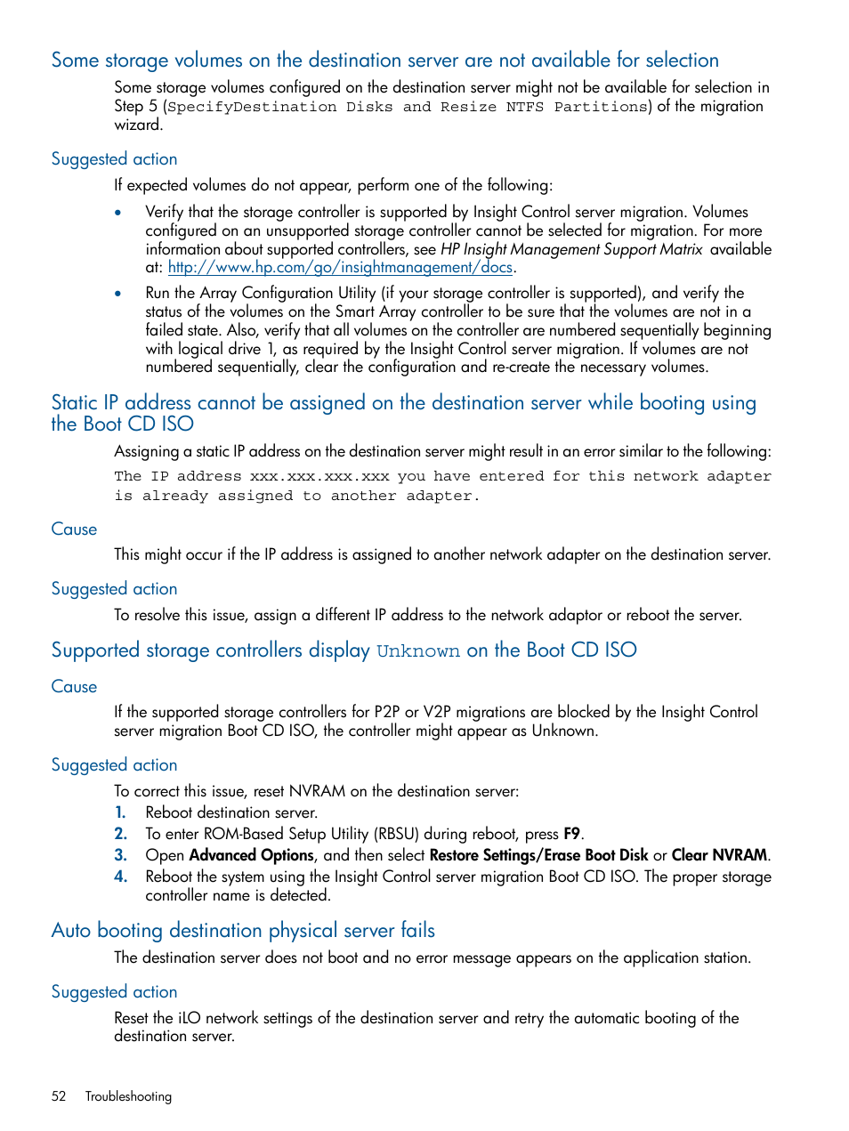 Suggested action, Cause, Auto booting destination physical server fails | Cause suggested action | HP Virtual Connect Enterprise Manager Software User Manual | Page 52 / 79