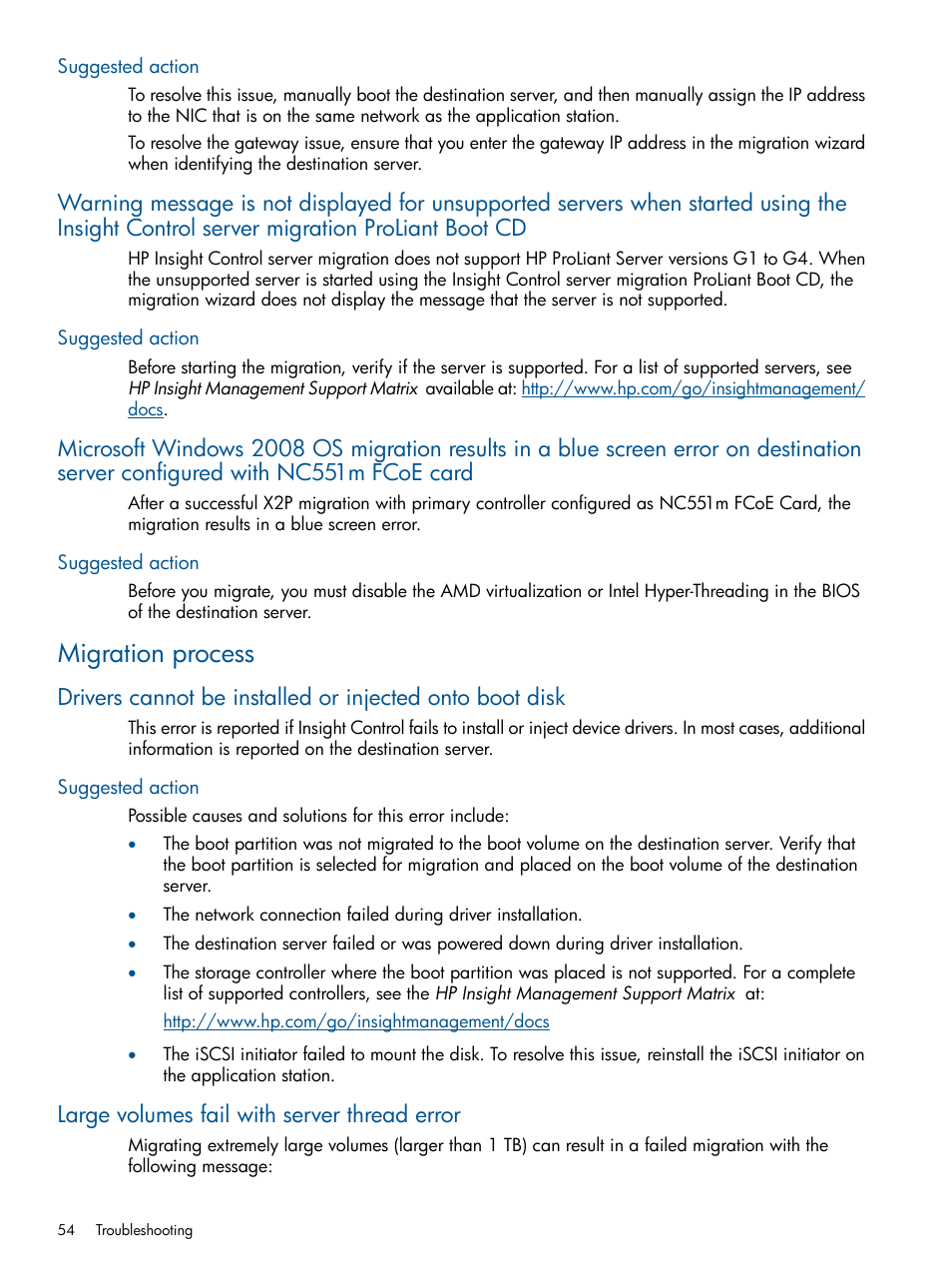 Suggested action, Migration process, Large volumes fail with server thread error | HP Virtual Connect Enterprise Manager Software User Manual | Page 54 / 79