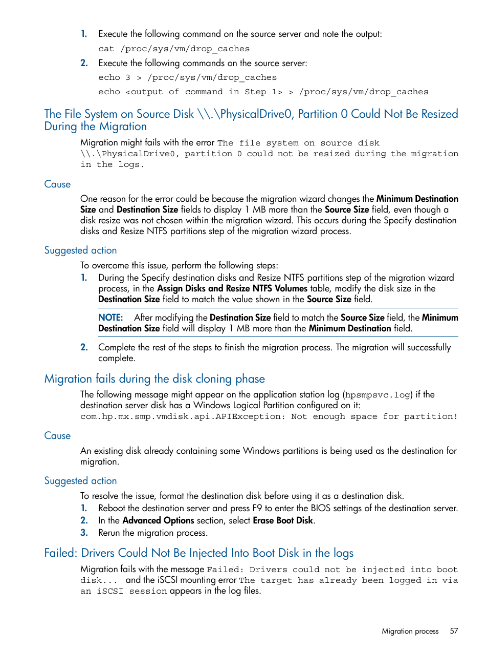 Cause, Suggested action, Migration fails during the disk cloning phase | Cause suggested action | HP Virtual Connect Enterprise Manager Software User Manual | Page 57 / 79