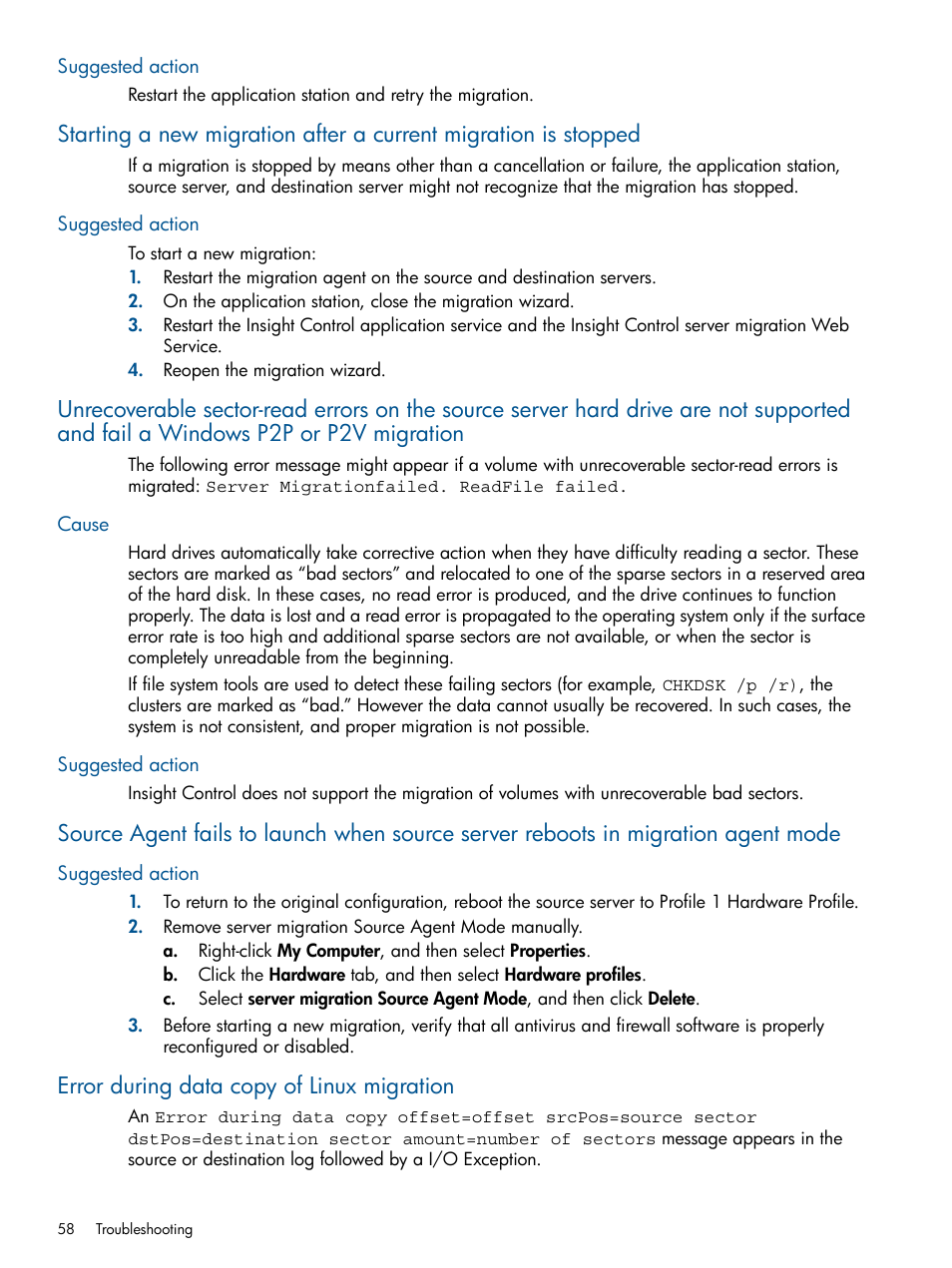 Suggested action, Cause, Error during data copy of linux migration | Cause suggested action | HP Virtual Connect Enterprise Manager Software User Manual | Page 58 / 79