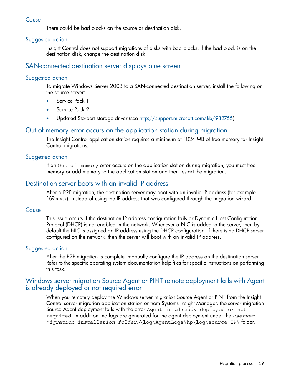 Cause, Suggested action, Cause suggested action | HP Virtual Connect Enterprise Manager Software User Manual | Page 59 / 79