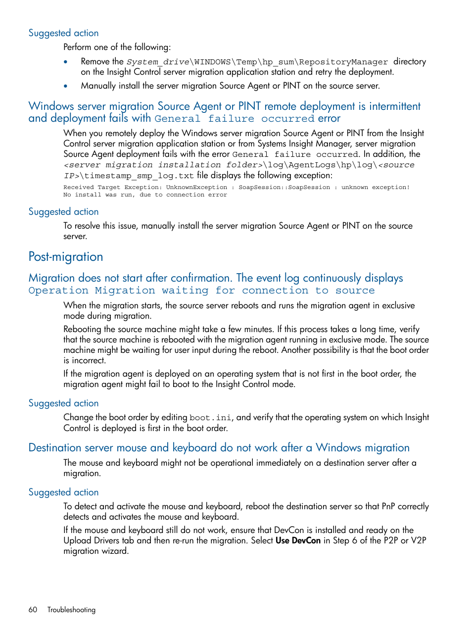 Suggested action, Post-migration | HP Virtual Connect Enterprise Manager Software User Manual | Page 60 / 79